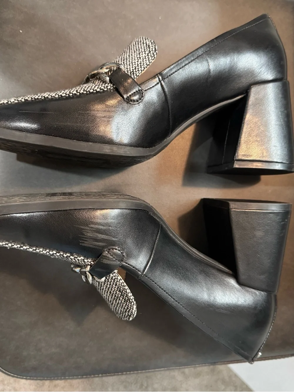 Kelly & Katie Black and White Chain-Trim Loafers